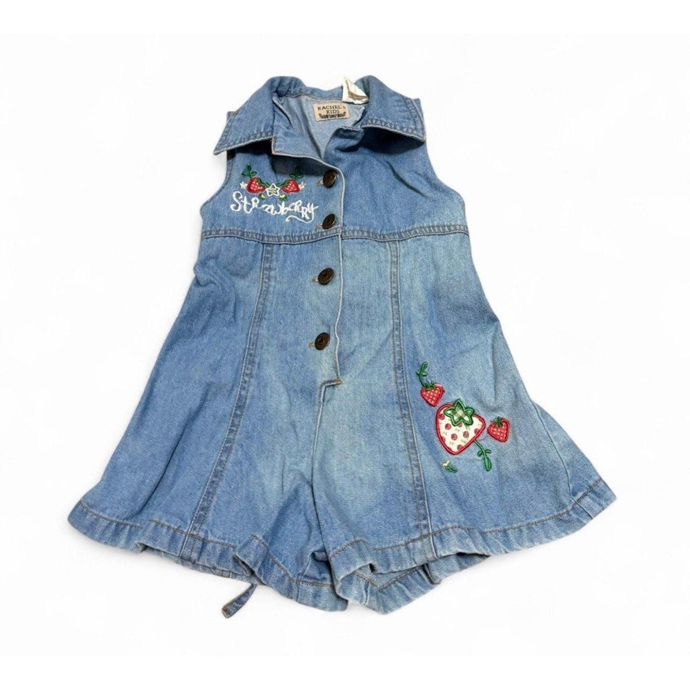 Vintage Rachel's Kids Girls 4T Denim Romper Strawberry Embroidered Y2K